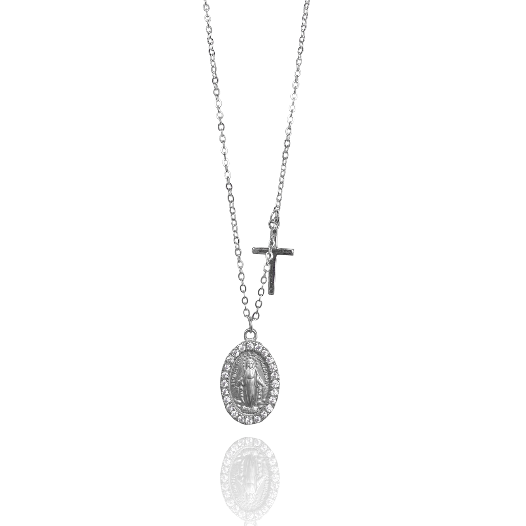 Gargantilha Nossa Senhora & Cruz em Prata 925