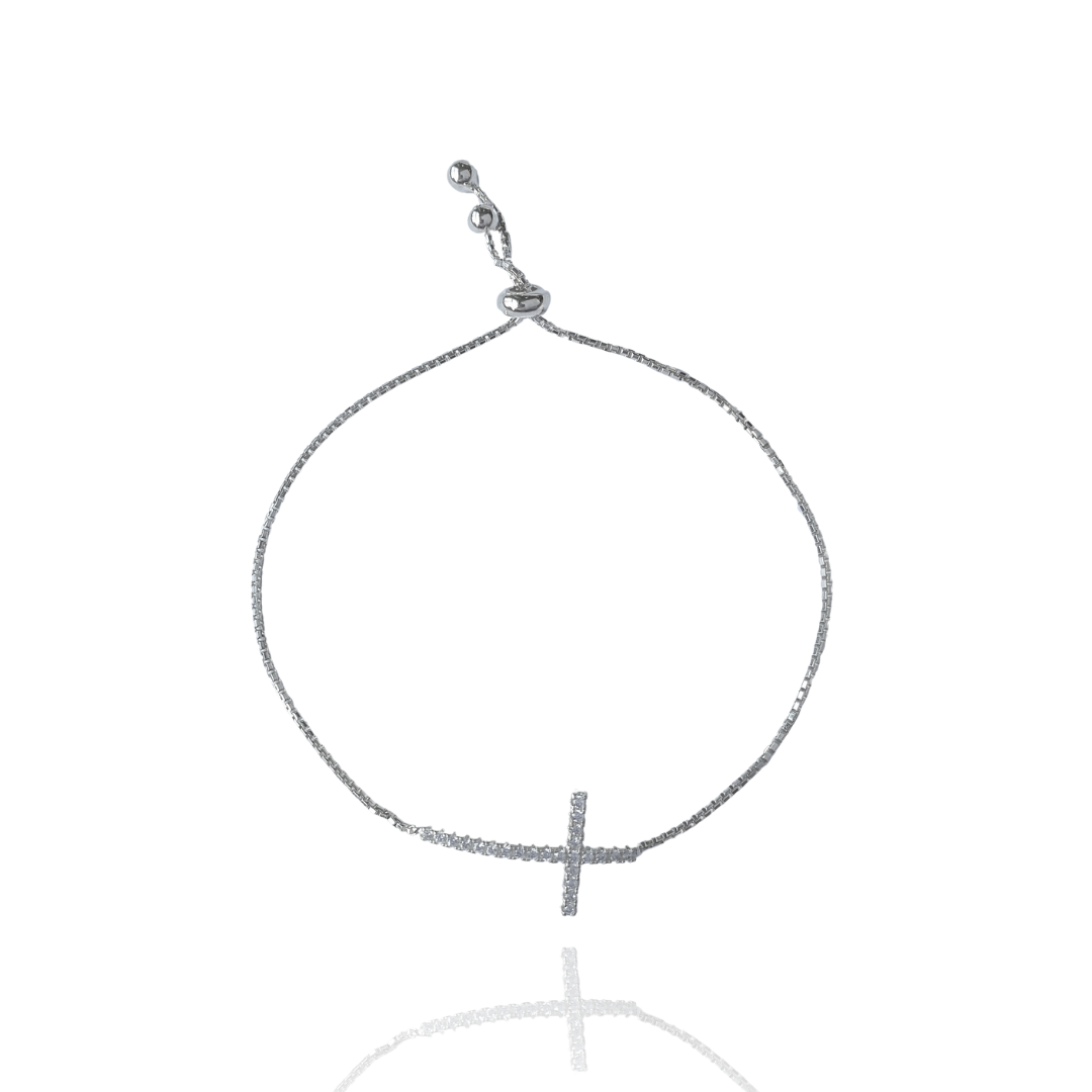 Pulseira Cruz Cravejada Regulável em Prata 925